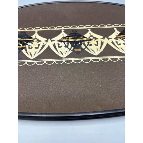 Vtg MCM Oval Brown Serving Tray Woven Handles Hand Painted - Picture 3 of 7